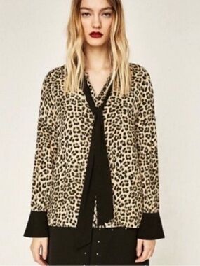 Zara Animal Print Button Lapel Bow Blouse